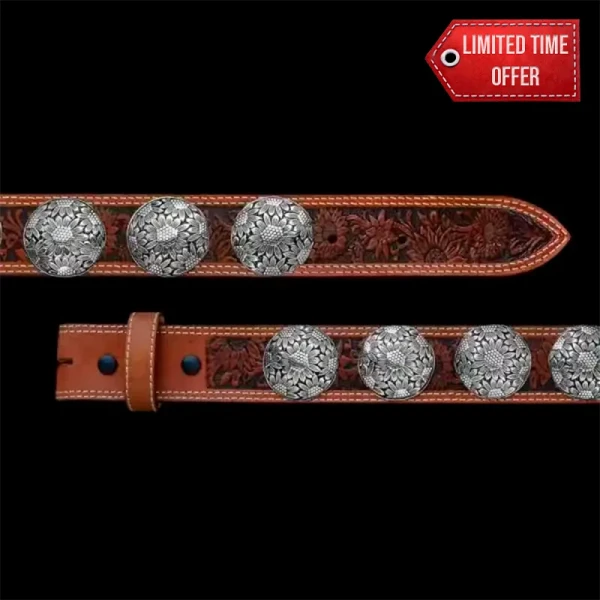 The Silver Birch Concho Leather Belt is made using 16 conchos of your choice, crafted with double-lined top-grain leather for durability and lasting quality.